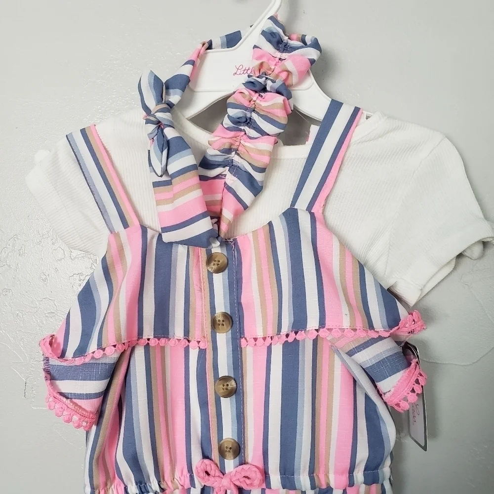 Little Lass NWT Three Piece Outfit Set 5 Jumpsuit Pink Blue White Striped Ruffle - Picture 7 of 8